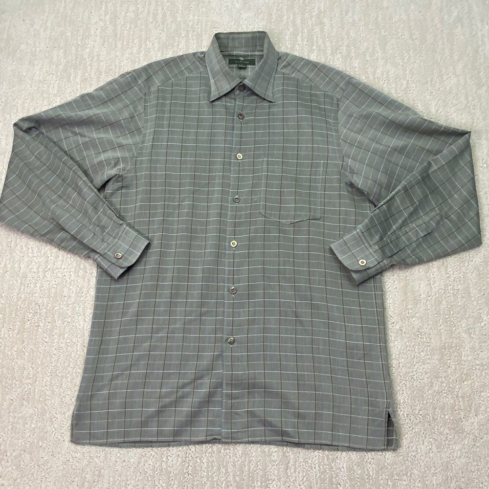 ermenegildo zegna button down shirt mens Medium brown green check long sleeve*
